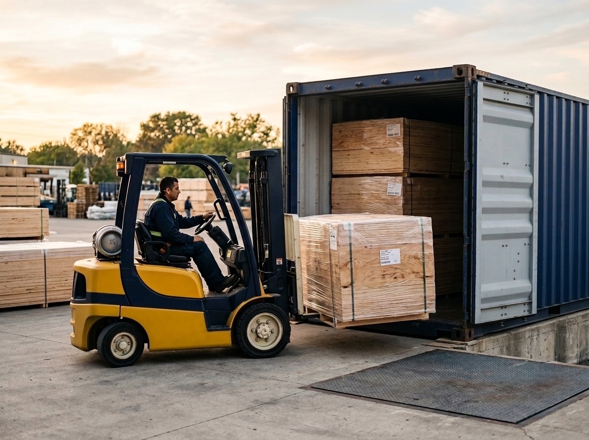 Loading plywood into a container