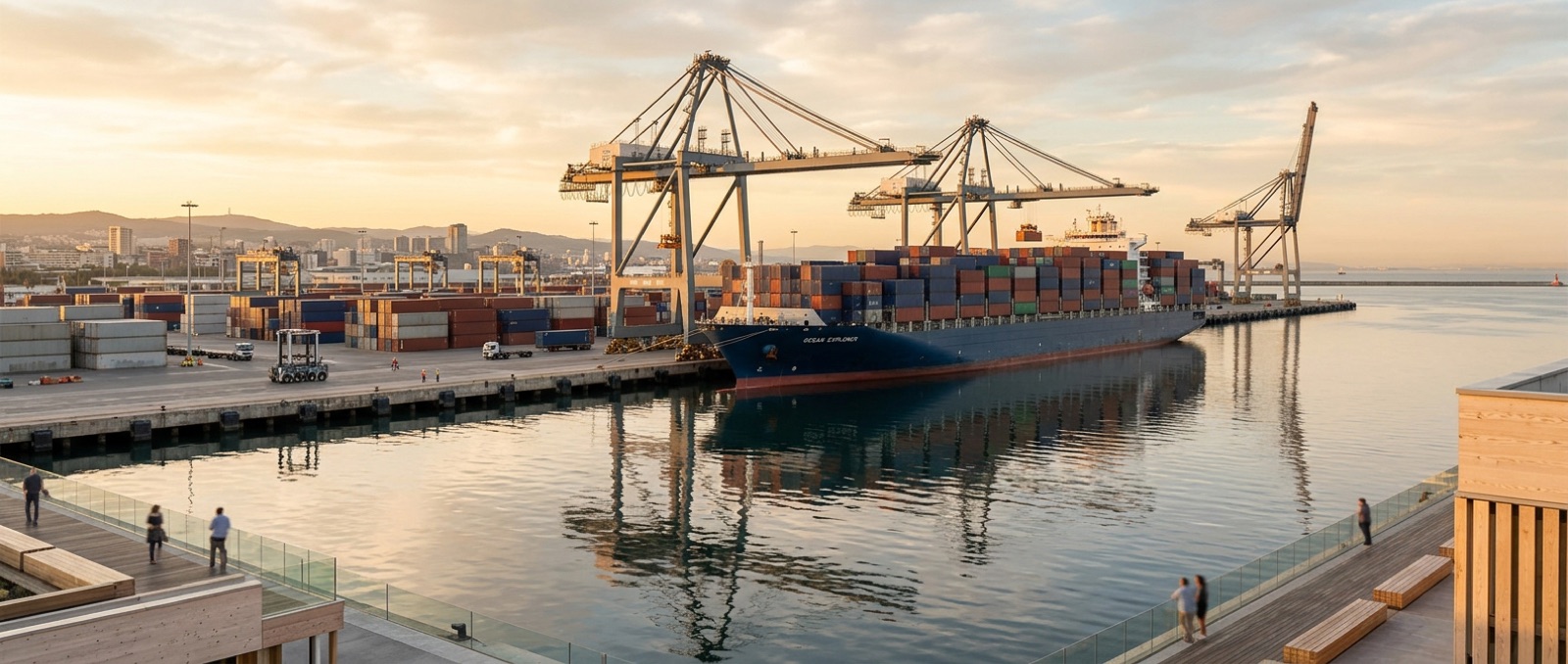 Container port at sunset
